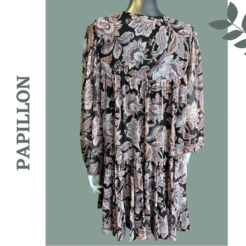 Papillon Paisley Lurex Georgette Tiered Dress Mini Long Sleeve Black Size Small - Picture 5 of 9